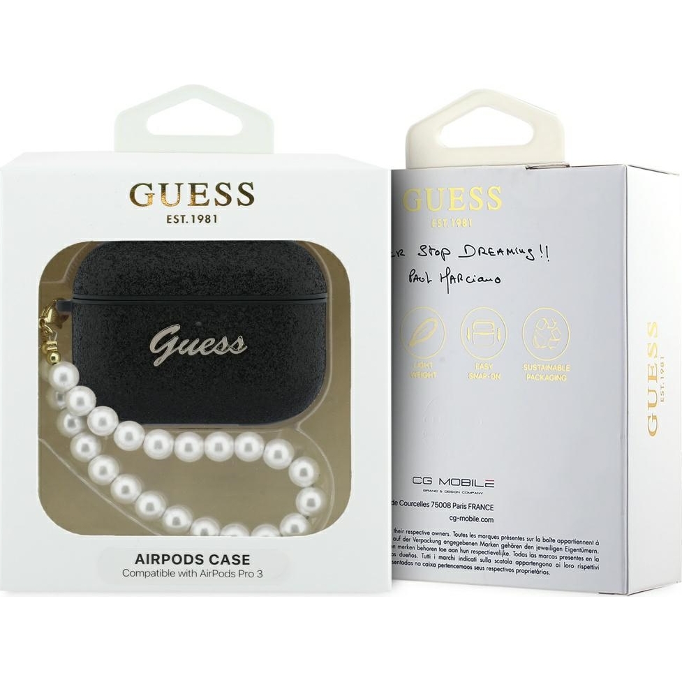 Oryginalne ekskluzywne etui od marki Guess z kolekcji Glitter Pearl Strap z perłową zawieszką dla Apple AirPods Pro 3, czarne